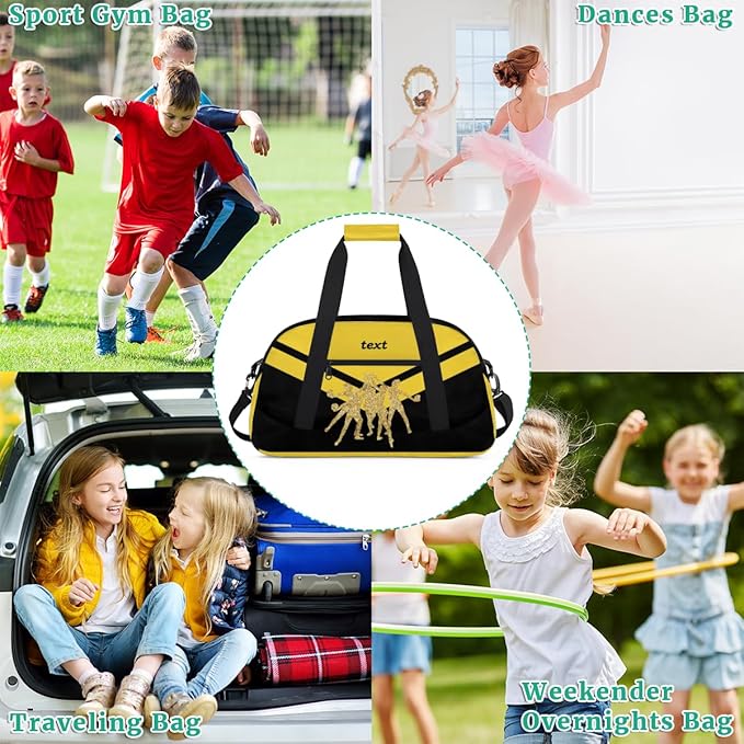 Custom Name Black Yellow Cheerleading Gym Travel Duffle Bag with Front Zipper Pocket Personalizedfor Sports Bag for Overnight, Weekender, Carry On,Workout & Dance, 18.9 * 8.7 * 10.6 in