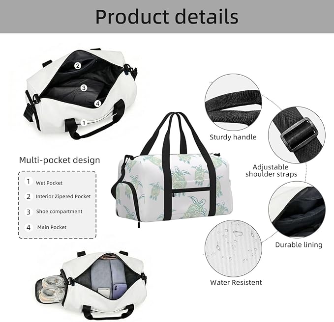 Sea Turtles Pattern White Green Nautical Women'S Gym Duffle Bag With Shoes Compartment, Ideal For Travel, Gym, Sports, Duffel, Weekender