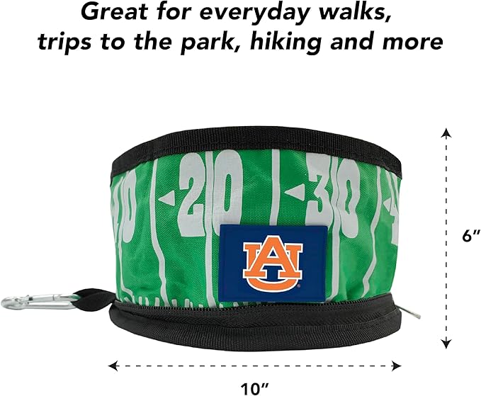 Pets First NCAA Auburn Tigers Collapsible Dog Travel Bowl, Food and Water Bowl for Dogs & Cats. Lightweight Leak-Proof Pet Bowl for Travel with Football Field & Pebble-Grain Design