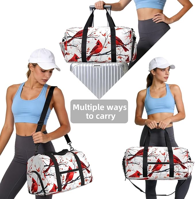 Sports Gym Bag Red Birds Christmas Tree Travel Duffel Bag With Shoe Compartment Shoulder Strap, Lightweight Water-Resistant Weekend Overnight Totes For Women Men