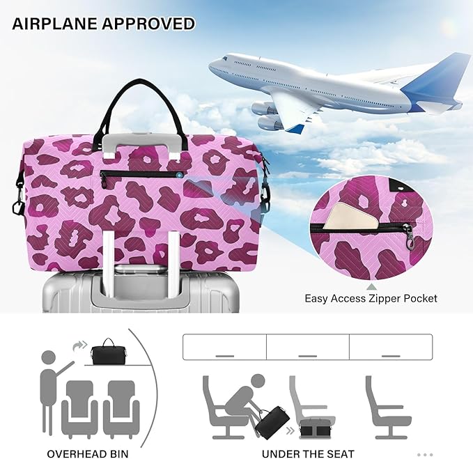 Travel Duffle Bag, Leopard Rose Purple Pink Pattern Gym Bag with Storage Bag Weekender Overnight Bag for Men Women Trip Sports Yoga
