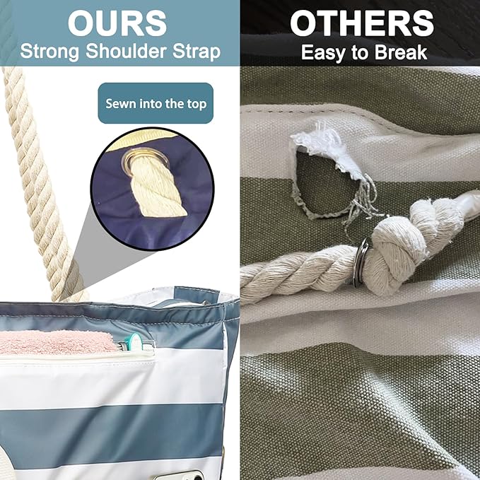 Large Canvas Beach Bag for Women, Beach Bags Waterproof Sandproof with Zipper & Wet Bag Cruise Essentials