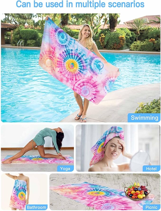 Abstract Tie-Dye Art Beach Towel 35" x 71" Pink Teal Gradient Watercolor Quick Dry Sand Free Pool Towels Soft & Absorbent Compact Towels Beach Accessories for Travel Bathroom Swimming Pool