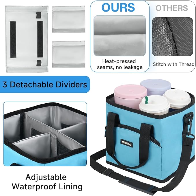 Reusable Drink Carrier with Handle – Insulated, Collapsible 4-Cup Beverage Bag with No-Spill Base, Adjustable Dividers & Shoulder Strap, Portable Caddy for Delivery, Car and Travel, Blue