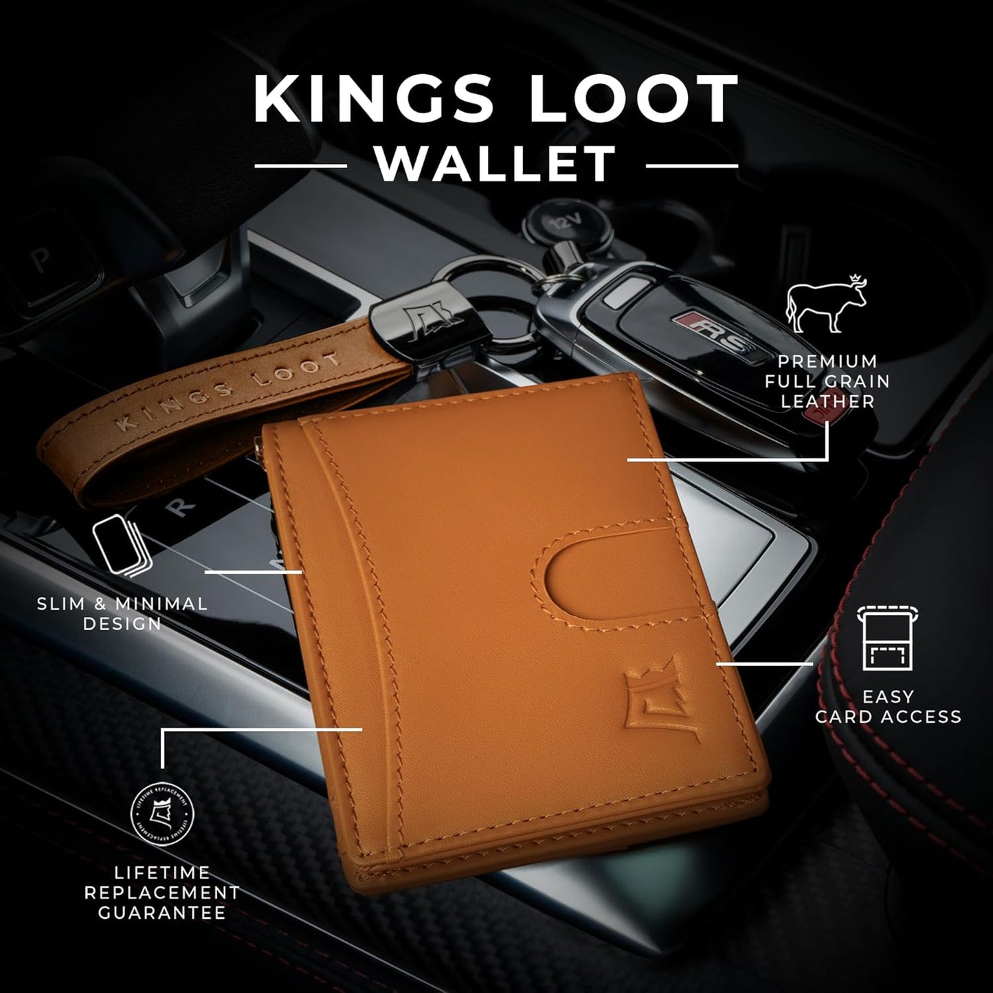Kings Loot Custom Wallet for Men | Engraved Leather Slim Wallet with Money Clip | Personalized RFID Blocking Design | Minimalist & Stylish Wallets (Cognac)
