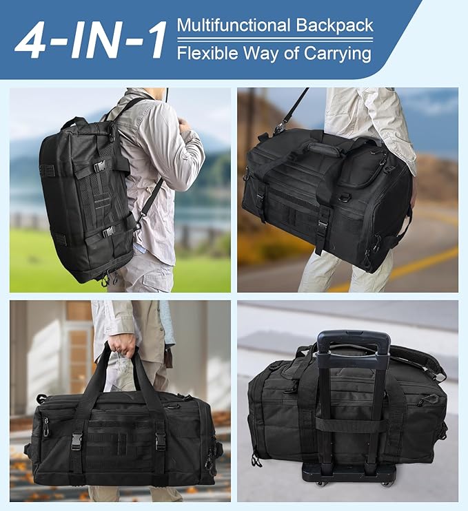 Hannibal Tactical 50L Large Duffle Bag, 3-in-1 Tactical Backpack MOLLE Pack for Sports/Gym/Outdoor, Black