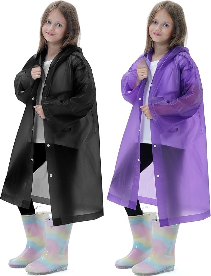 2 Pack Reusable Waterproof Raincoat EVA Emergency Rain Ponchos One Size Rain Jacket for Children, Boys and Girls