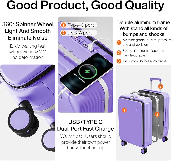 mixi Carry On Luggage with Cup Phone Holder and Charger Hard Shell Suitcases with Spinner Wheels,20 Inch Lilac Purple