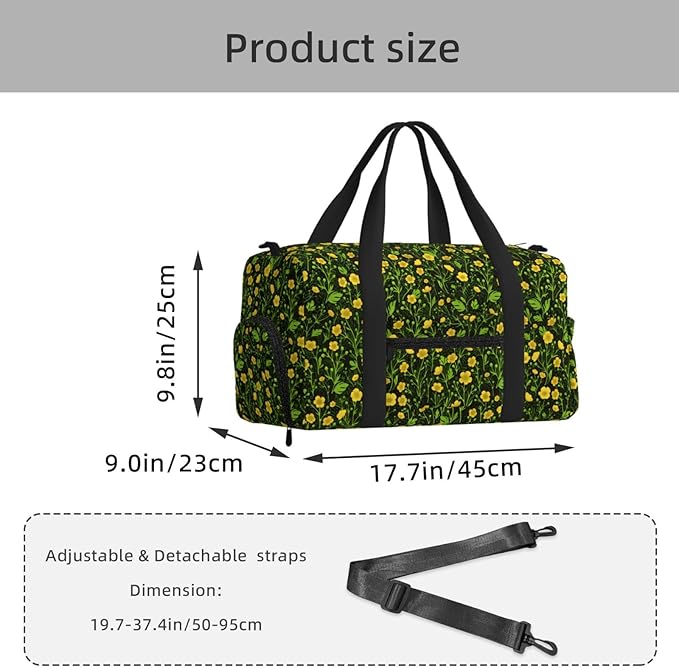 Buttercups On Black Women'S Gym Duffle Bag With Shoes Compartment, Ideal For Travel, Gym, Sports, Duffel, Weekender