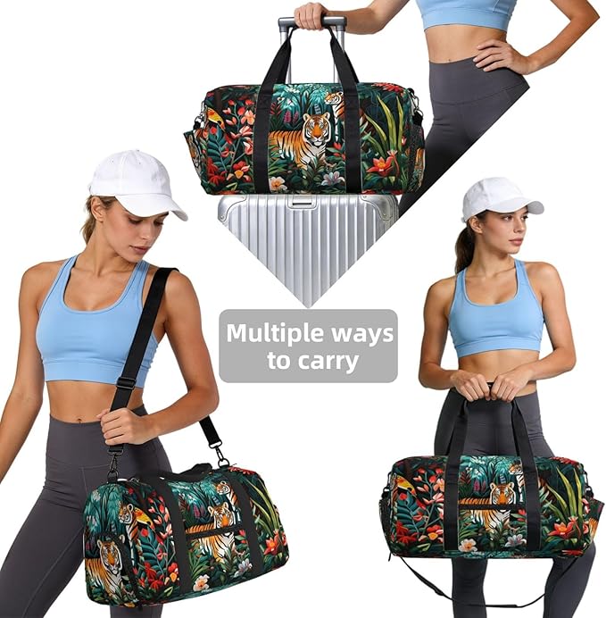Sports Gym Bag Forest Animals Tiger Floral Travel Duffel Bag With Shoe Compartment Shoulder Strap, Lightweight Water-Resistant Weekend Overnight Totes For Women Men