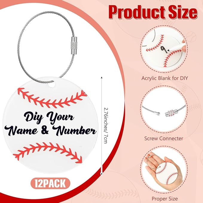 12 Pack Baseball Cooling Towels with Baseball Acrylic Luggage Tags, 40"x12" Breathable Chilly Ice Towel for Neck with Plastic Container, Sport Towel for Players Team Gift Sport Party Favors