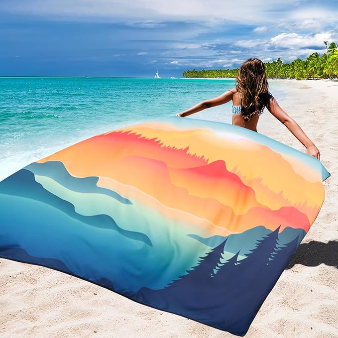 Beach Blanket Waterproof Sandproof Beach Mat for 1-8 Adults Quick Drying Durable Outdoor Picnic Mat for Beach Festival Travel Camping Hiking (Mountain View, 79"×83"(4 Person))