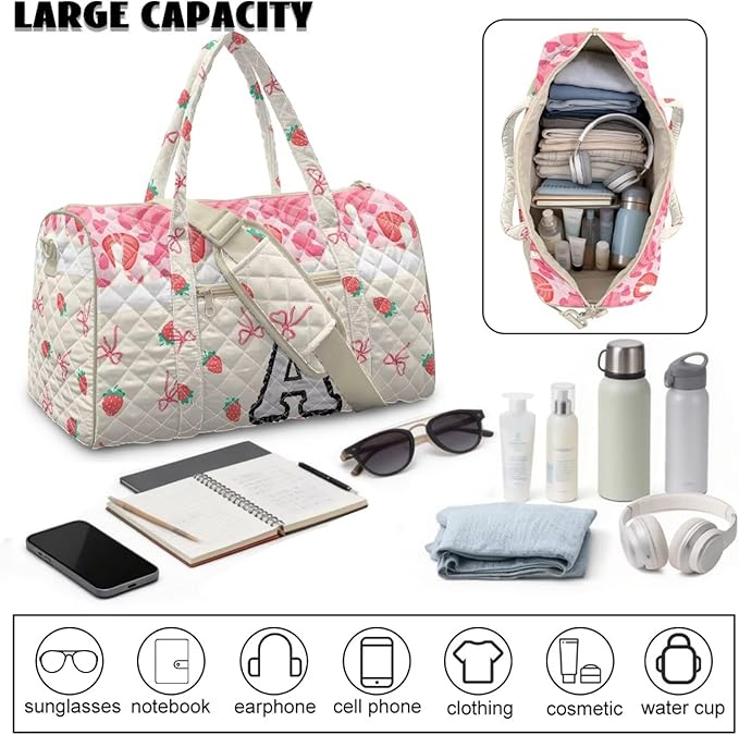 COEQINE Pink Quilted Gym Bag for Women Pink Strawberry Floral Bow Initial Name A-Z Personal Item Travel Bag Travel Duffel Bags for Men Women, Large Packable Backpack