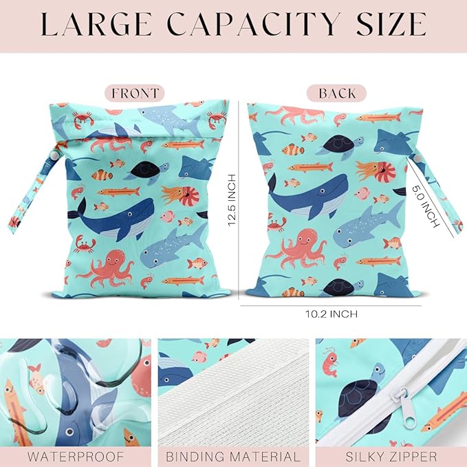 Wet Bag for Swimsuit, Beach Travel EssentialsMarine Animals Pattern Wet Dry Bag, for Sunscreen Toiletry Dirty Clothes Yoga Gym Diaper, Friends Summer Beach Vacation Essentials Gifts