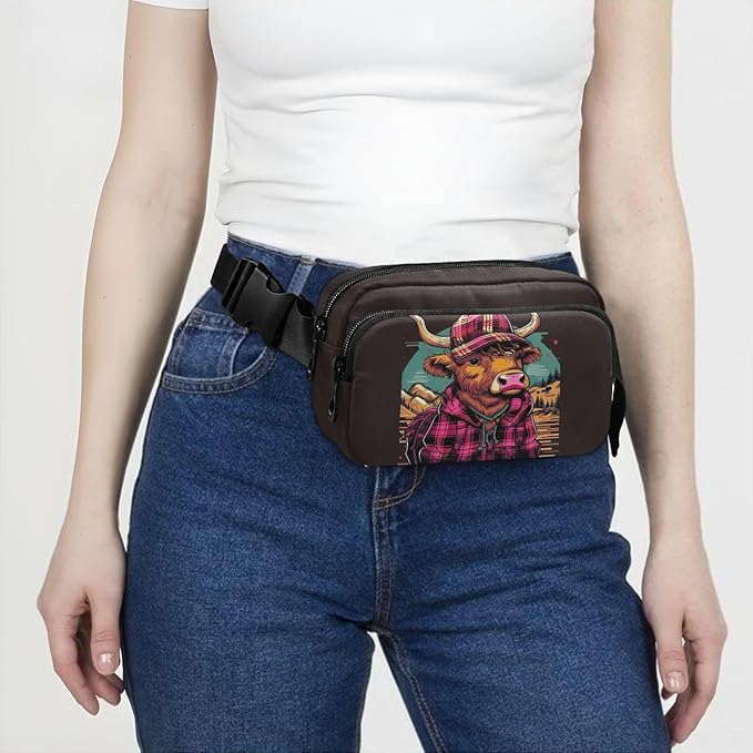 Scottish Highland Cow with Plaid Set Fanny Pack for Women Men Water Resistant Fashion Waist Packs with Adjustable Strap Belt Bag for Travel Workout Jogging Hiking 21218539