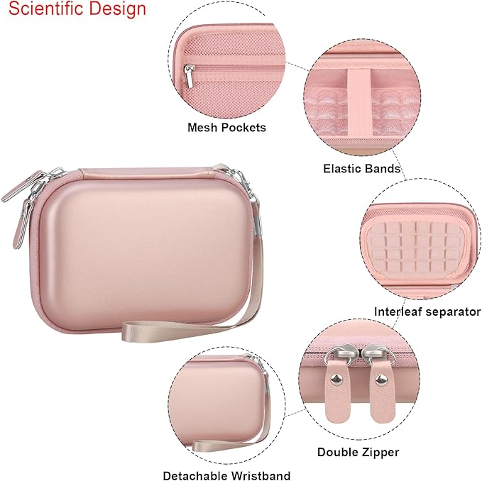 Elonbo Camera Carrying Case for KODAK PIXPRO FZ55/ FZ53/ FZ45/ FZ43 16MP Digital Camera, Vlogging Camera Storage Holder Travel Bag, Mesh Bag Fits Batteries, Cable, Memory Card, Card Reader,Rose Gold