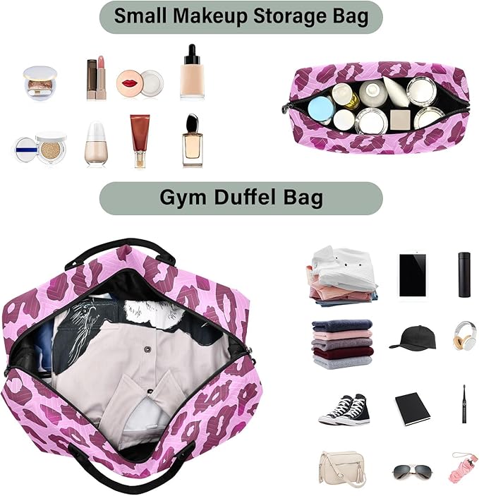 Travel Duffle Bag, Leopard Rose Purple Pink Pattern Gym Bag with Storage Bag Weekender Overnight Bag for Men Women Trip Sports Yoga