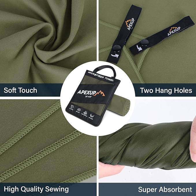 APEXUP Microfiber Travel Towel, Ultra Absorbent Quick Dry Towels, Lightweight Gym Sports Camping Towel for Workout, Yoga, Beach, Shower, Swimming (Combo, Army Green)