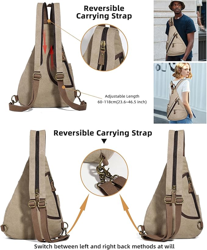 KL928 Canvas Sling Bag - Small Crossbody Backpack Shoulder Casual Daypack Rucksack for Men Women(Large Version,Khaki)