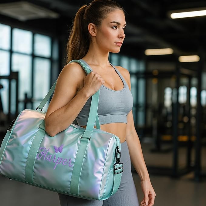 Personalized Dance Duffle Bag for Girls with Embroidered Name Custom Travel Duffle Sport Gym Bag for Women Cheerleading Weekender Overnight Luggage Bag with Shoe Compartment Customized Gifts Blue