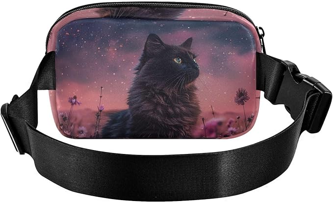 Black Cat Flower Fanny Pack for Women Men Water Resistant Fashion Waist Packs with Adjustable Strap Belt Bag for Travel Workout Jogging Hiking 21220533