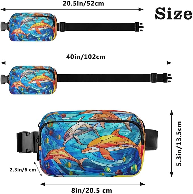 Stained Glass Printed Sea Dolphin Fanny Pack for Women Men Water Resistant Fashion Waist Packs with Adjustable Strap Belt Bag for Travel Workout Jogging Hiking 21219623