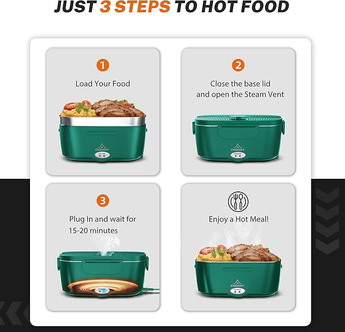Heated Lunch Box,120W Electric Lunch Box for Adults with 1.5L 304 Stainless Steel Container, 12V/24V/110V Lonchera Eléctrica Portátil for Travel,Work,Car,Truck (Dark Green, 1.5L x 4)