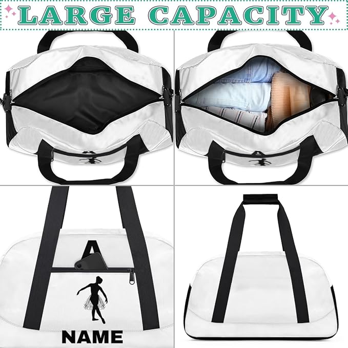 Personalize-Kids-Sports-Duffel-Bags With Custom Name Text Carry-On Overnight Travel Gym Lightweight Dance Pattern Sports Bags For Girls Boys Kids,White
