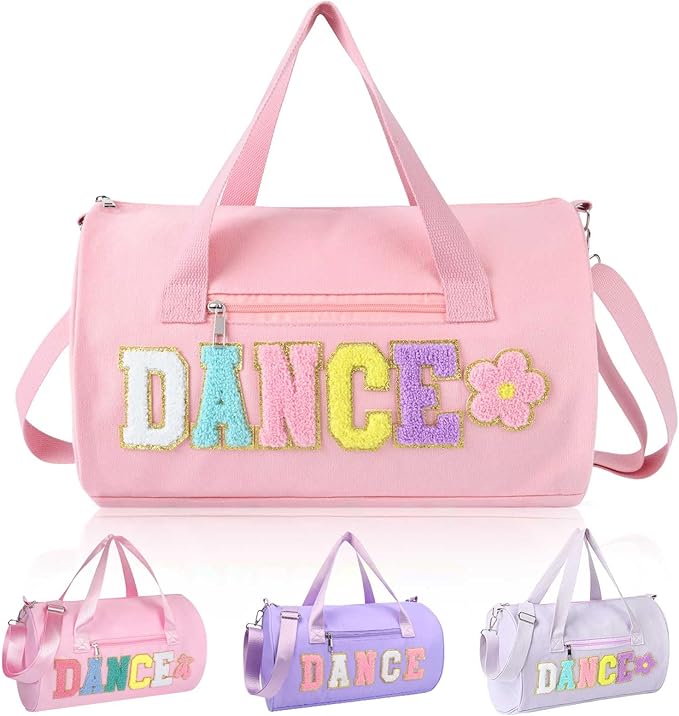 Dance Bag for Girls, KUIRAN 23L Travel Duffel Bag with Colorful Chenille Letter, Lightweight Small Gym Sport Ballet Weekender Bag with Large Main Compartment - Baby Pink