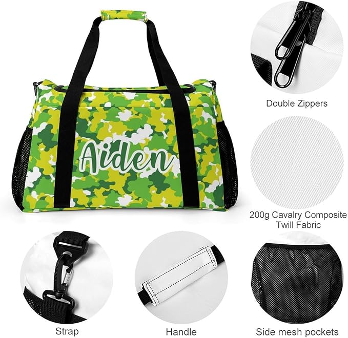 Custom Handheld Crossbody Travel Bag Camouflage Green Yellow Camo Lightweight Gym Bags Duffel Bag with Name Adjustable Shoulder Strap Backpacks
