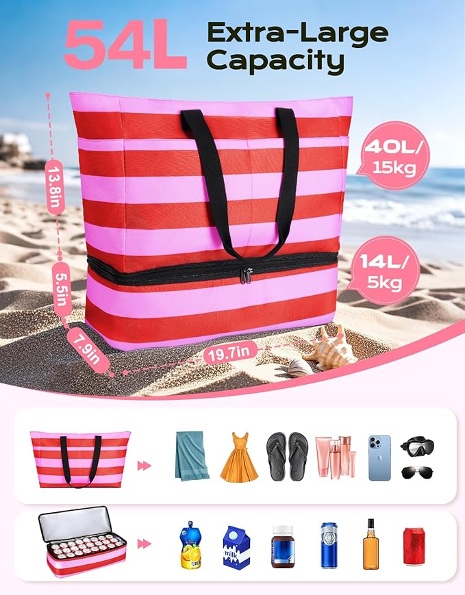 Beach Bag with Cooler, 54L Large Waterproof Sandproof Travel Tote Bag, Duffel Weekender Bag for Packing/Travel/Gym
