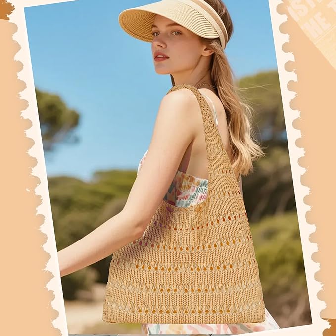 Sightor Crochet Tote Bag, Mesh Beach Bag Knit Summer Hobo Bag Vacation Boho Tote Bag for Women