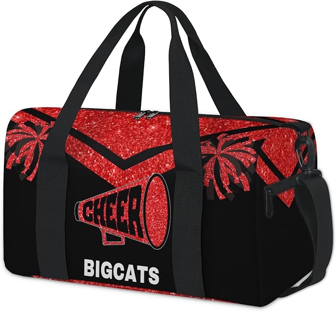 Personalized Sport Cheer Dance Bag Custom Red Glittering Cheerleader Pom Poms Duffle Gym Bag Customized Travel Overnight Tote with Name or Text