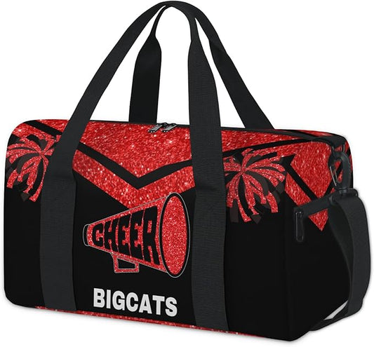 Personalized Sport Cheer Dance Bag Custom Red Glittering Cheerleader Pom Poms Duffle Gym Bag Customized Travel Overnight Tote with Name or Text