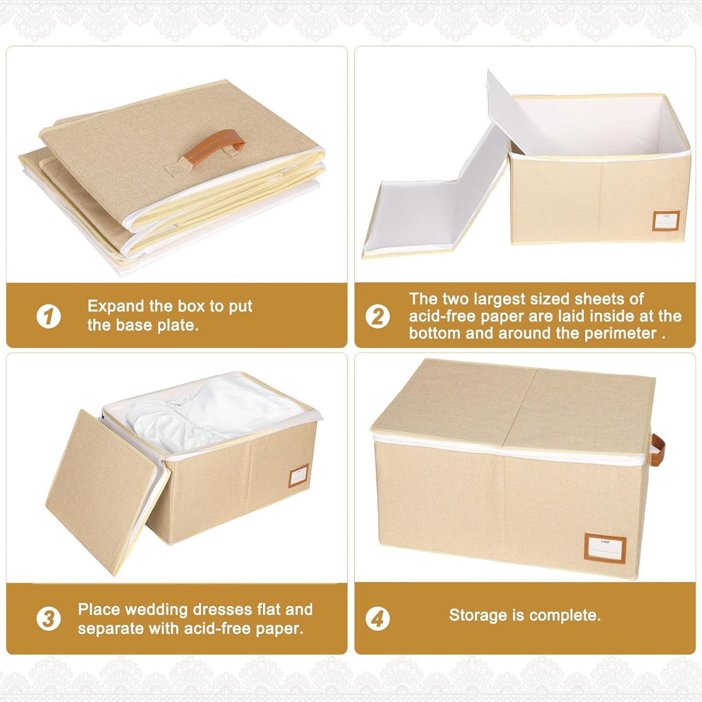 Wedding Dress Storage Box, Wedding Dress Preservation Box with Lid, Foldable Acid-Free Organizer with 1 Pair of Microfiber Gloves and 20 Sheets of Acid-Free Paper (1, Large)
