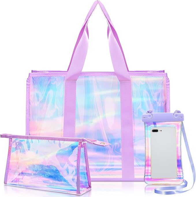 3 Pcs Waterproof Beach Bags Women Clear Iridescent Tote Bag Cosmetic Pouch for Phone Travel Beach Pool Essentials