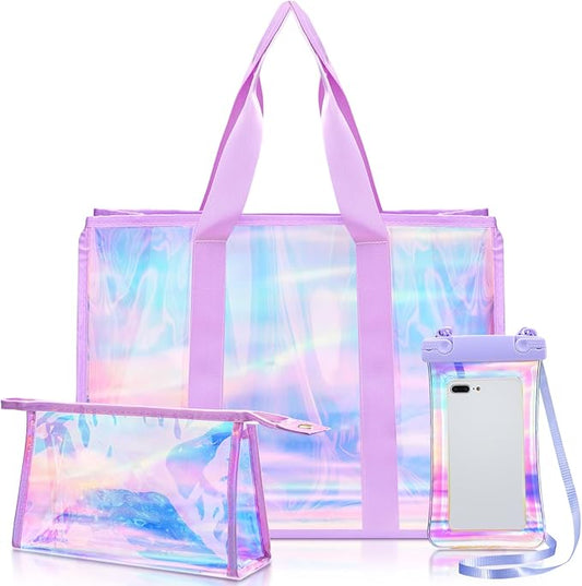3 Pcs Waterproof Beach Bags Women Clear Iridescent Tote Bag Cosmetic Pouch for Phone Travel Beach Pool Essentials