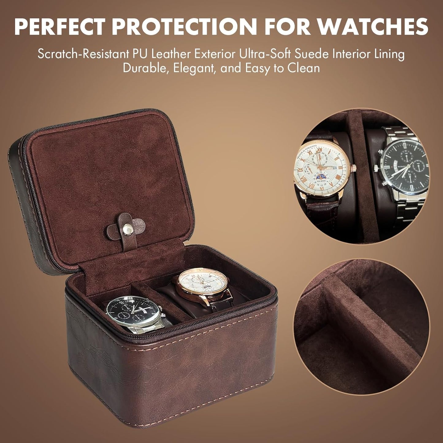 TSA-Friendly 2 Slot Watch Travel Case for Men, (Fits 7-8" Wrists) Carry-On Ready with Removable Pillows & Airplane Protection, Leather Jewelry Organizer for Wristwatches, Rings, Cufflinks (Brown)