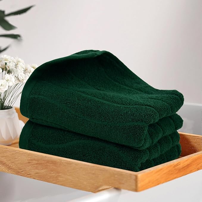 Jacquotha 4-Piece Hand Towels Set in Forest Green, Wavy Striped Jacquard Towels for Bathroom Kitchen Gifts (13x29 Inches, 100% Cotton)