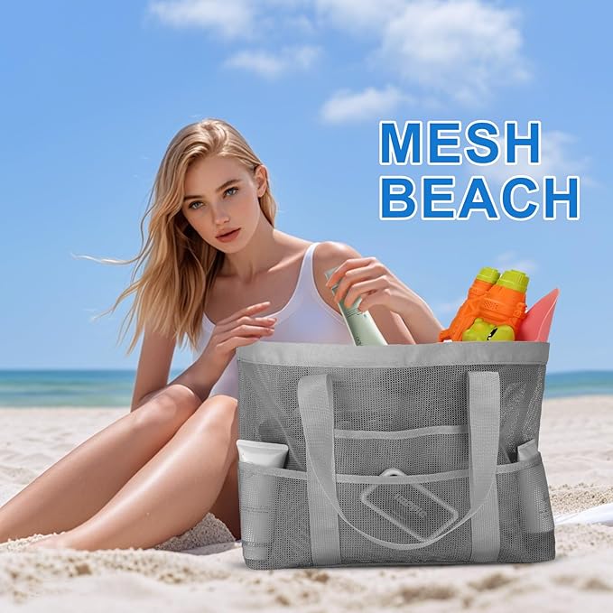 Large Mesh Beach Bag, Beach Tote Bags with 9 Pocket for Family