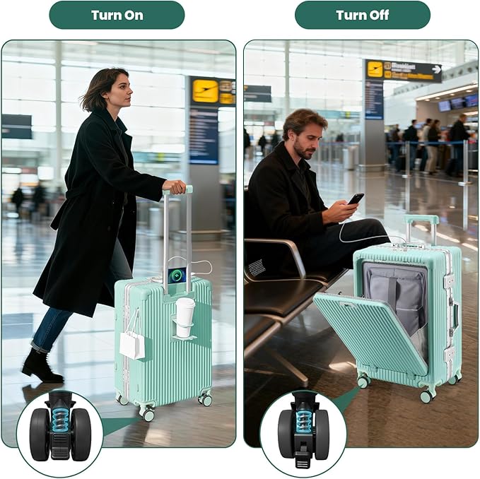 20 Inch Aluminum Frame Carry On Luggage with Front Pocket, USB Port, Phone Holder & Cup Holder, Hard Shell Spinner Suitcase for Airplane Travel, Mint Green