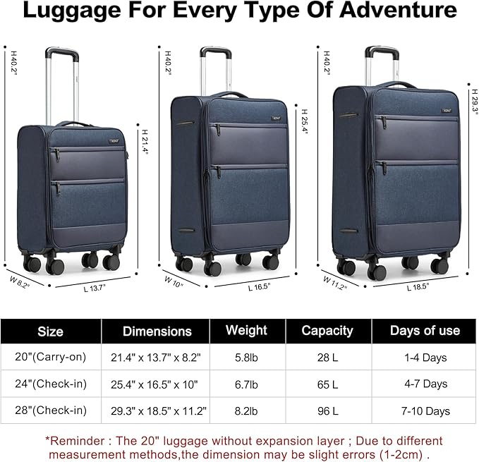 Kono 20 Inch Soft-Sided Carry-On Luggage Airline Approved 20" Spinner Wheels Lightweight Waterproof Suitcase with TSA Lock for Business Travel (Small, Navy Blue)