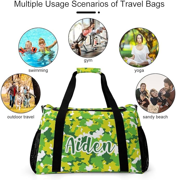 Custom Handheld Crossbody Travel Bag Camouflage Green Yellow Camo Lightweight Gym Bags Duffel Bag with Name Adjustable Shoulder Strap Backpacks