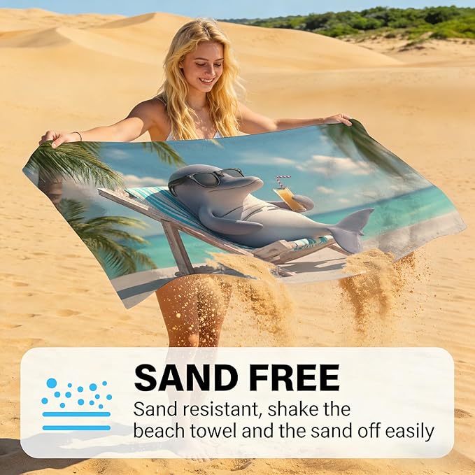 SARA NELL Dolphin Beach Towel, Cute Dolphin with Sunglasses and Drink Print, Summer Pool Beach Towel for Ocean Vacation, Quick Dry Lightweight, 32"x52"