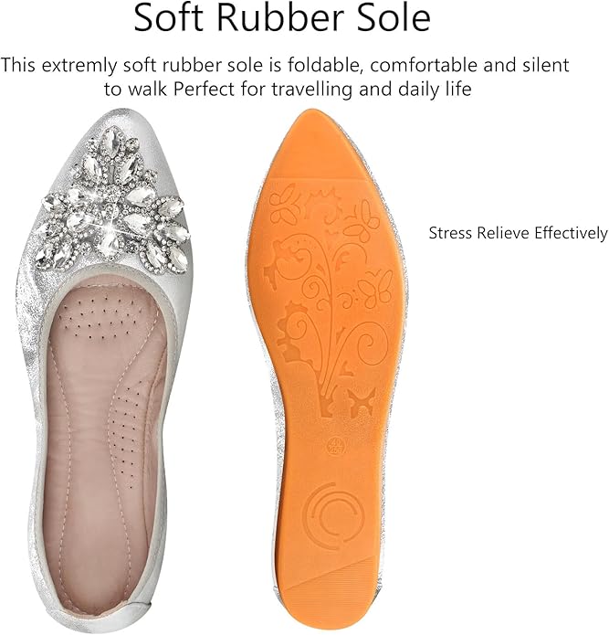 KUNWFNIX Women Ballet Flats Rhinestone Wedding Ballerina Shoes Foldable Sparkly Comfort Slip on Flat Shoes