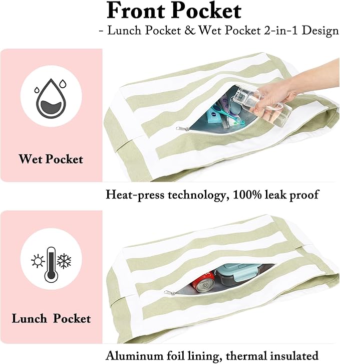 Large Canvas Beach Bag for Women, Beach Bags Waterproof Sandproof with Zipper & Wet Bag Cruise Essentials