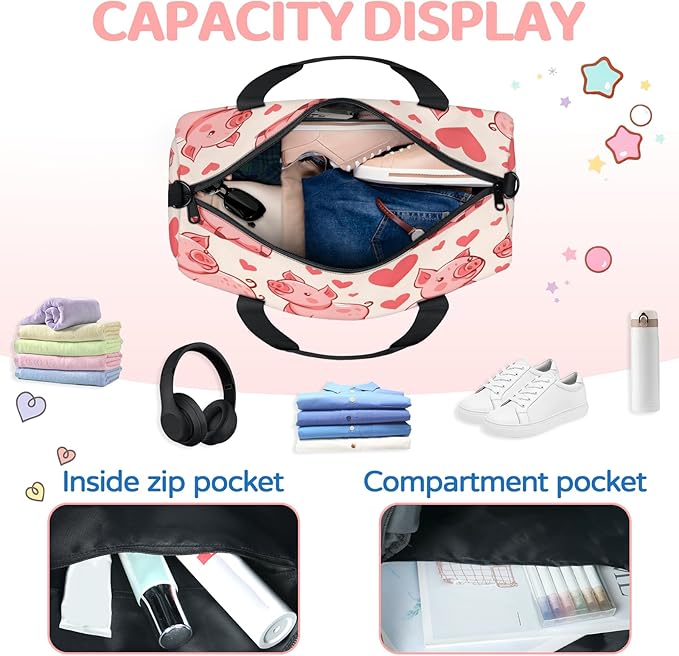 Pink Pigs Travel Duffle Bag for Women Men, Overnight Weekender Bag, Carry on Tote for Sport Gym