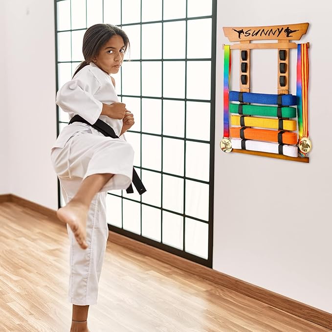 Tilhumt 8 Belt Karate Belt Display Rack with Medal Hanger and Stickers, Taekwondo Belt Display Holder, Martial Arts Belt Display Organizer for Adults, No Assembly Required (Bamboo/Acrylic)