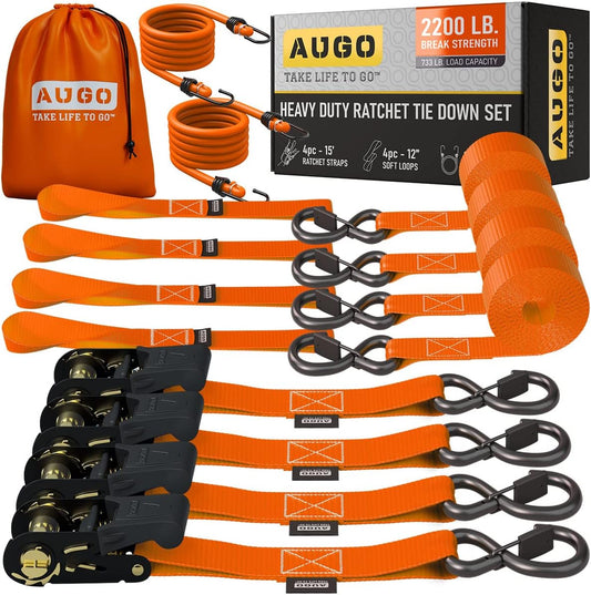 AUGO Ratchet Straps Heavy Duty 4 Pack -15 FT - 2200 LB Break Strength – with Safety Lock S Hooks - Cargo Straps for Moving, Appliances, Motorcycle – Soft Loop Tie Down Straps