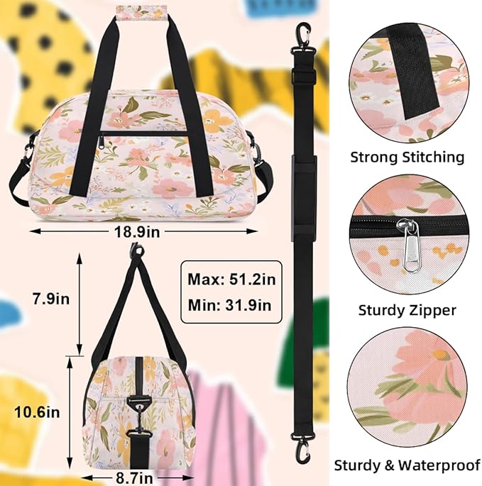 Sports Duffel Bags, Pink Background Floral Print Water-Resistant Gym Duffle Bag for Men Women, Lightweight Weekender Overnight Bag for Fitness, Workout, Travel